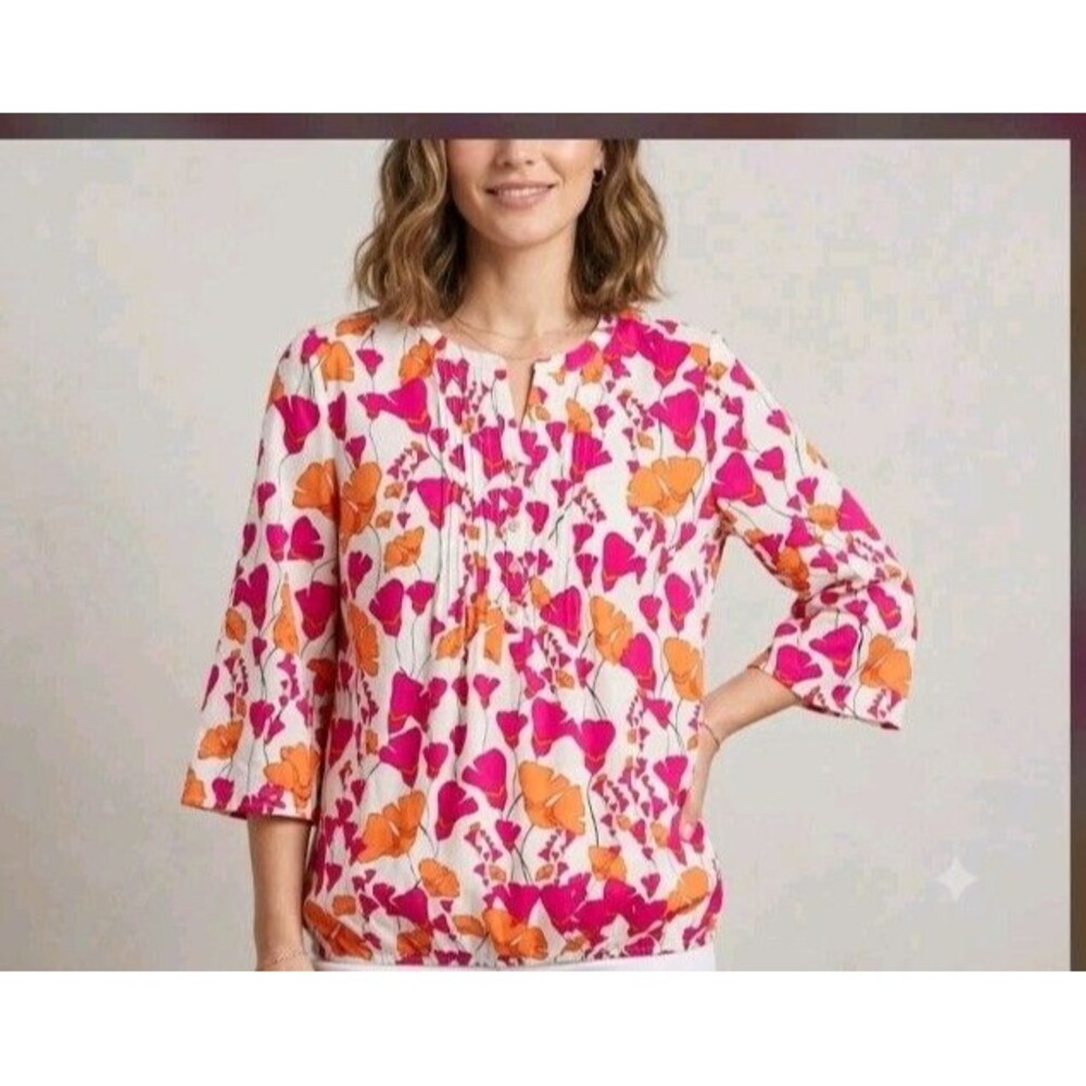 Barbara Lebek Blouse Size 12 Floral Roll Up Tab Sleeve Pleated Front Buttons...
